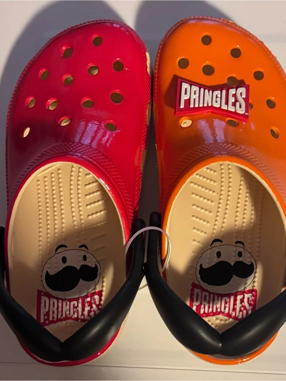 Pringles Crocs Orange and Red Sandals with Black Moustache